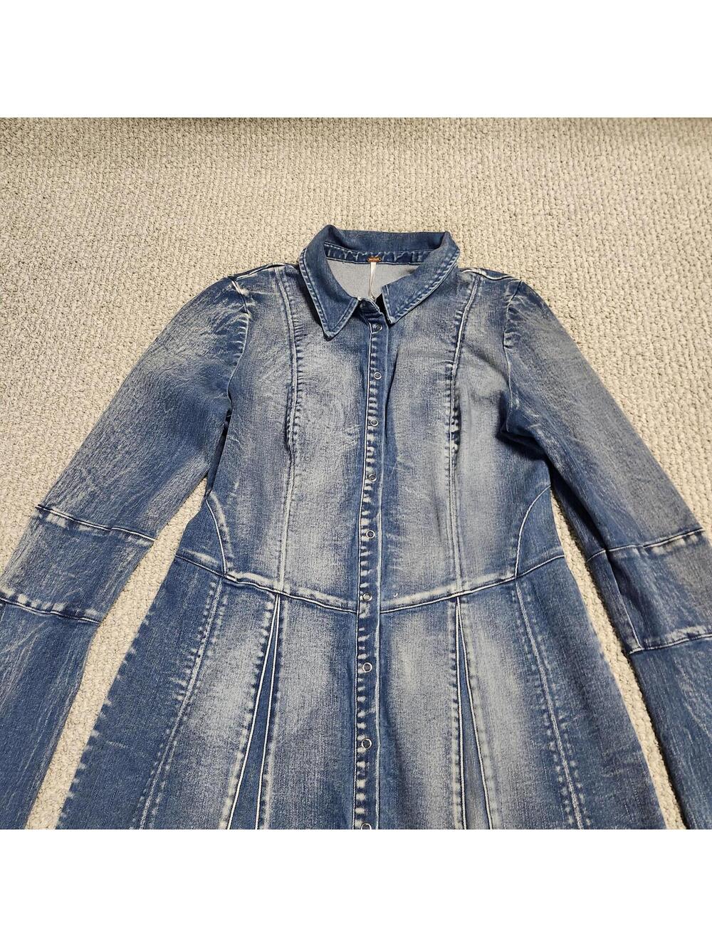 Free People Thea Denim Mini Snap Button-Up Dress Blue Size Medium Long Sleeve - Picture 9 of 11